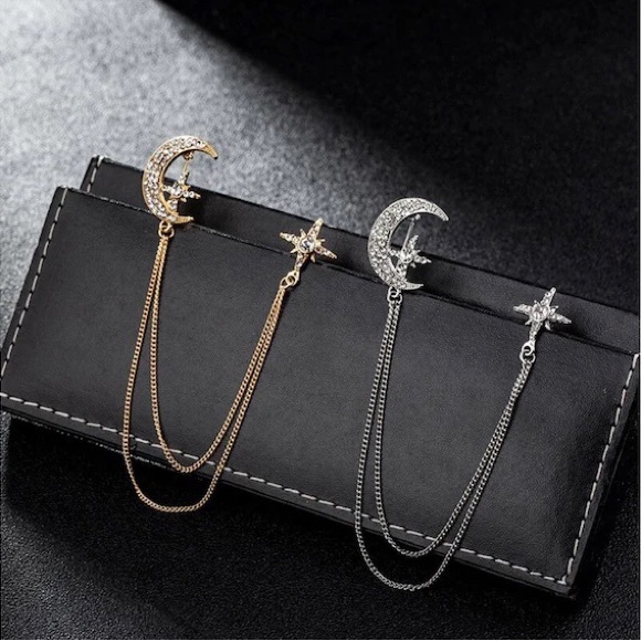 Fashion Rhinestone Star Brooch Pin Crystal Tassel Chain Lapel Pins - Picture 1 of 5